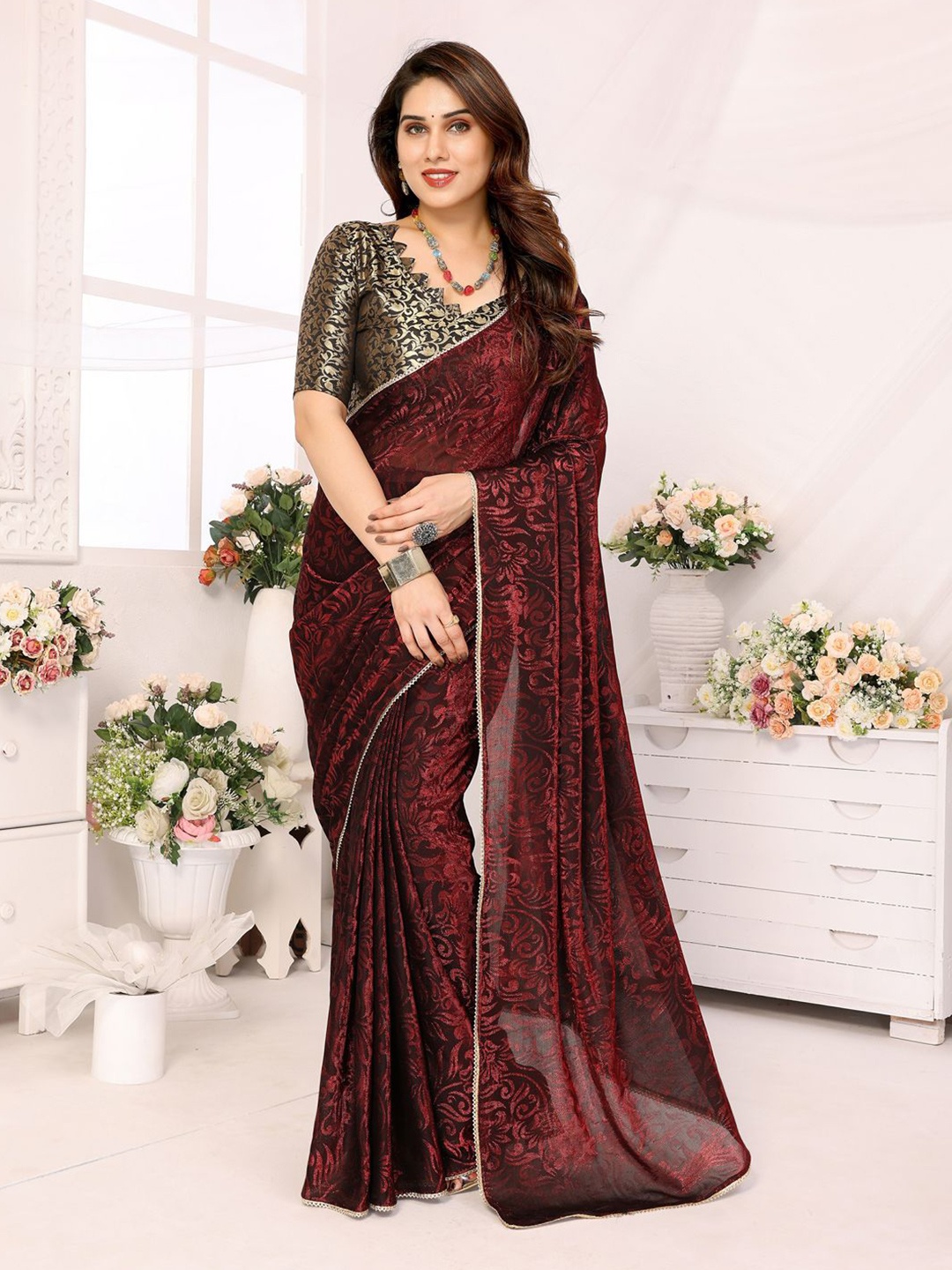 

DIVASTRI Woven Design Embroidered Pure Silk Ready to Wear Bagh Saree, Maroon
