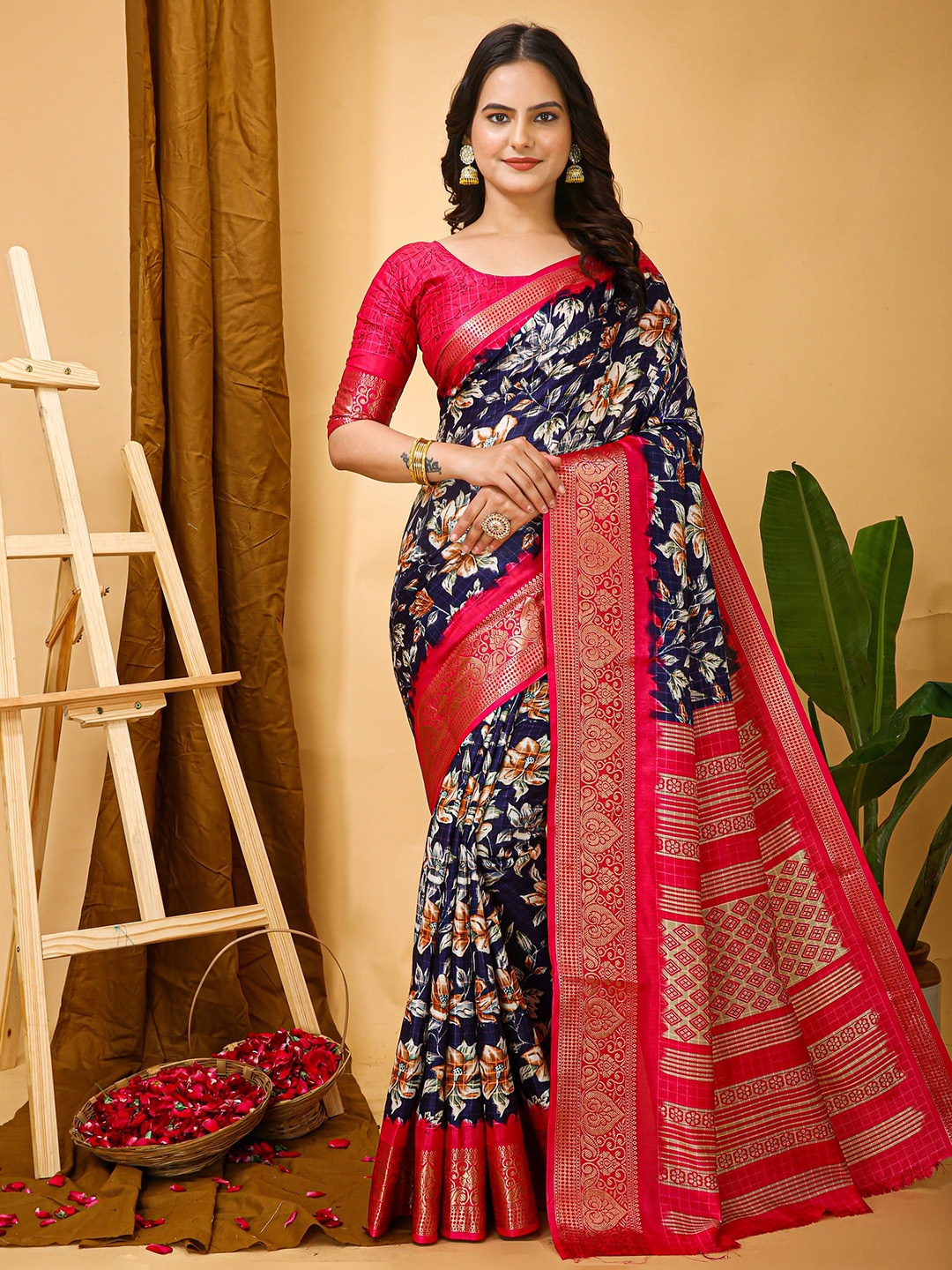 

HI FI NX Floral Printed Zari Banarasi Saree, Blue