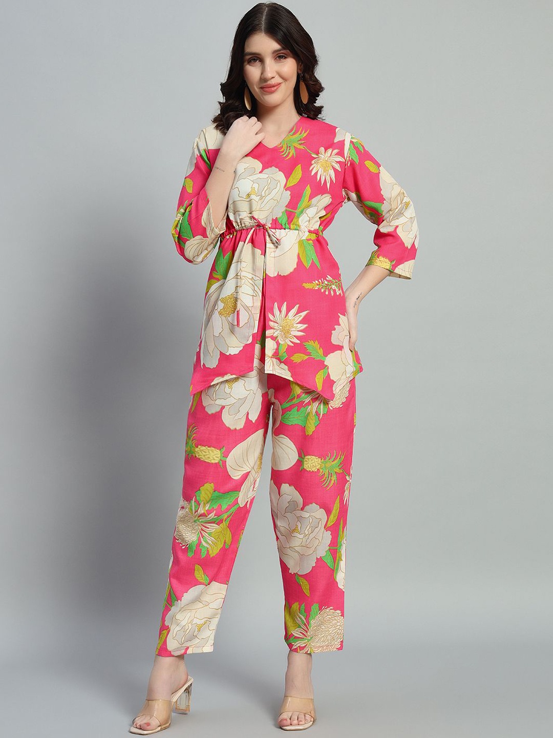 

ROSEMELON Floral Printed V-Neck Top With Trouser, Pink