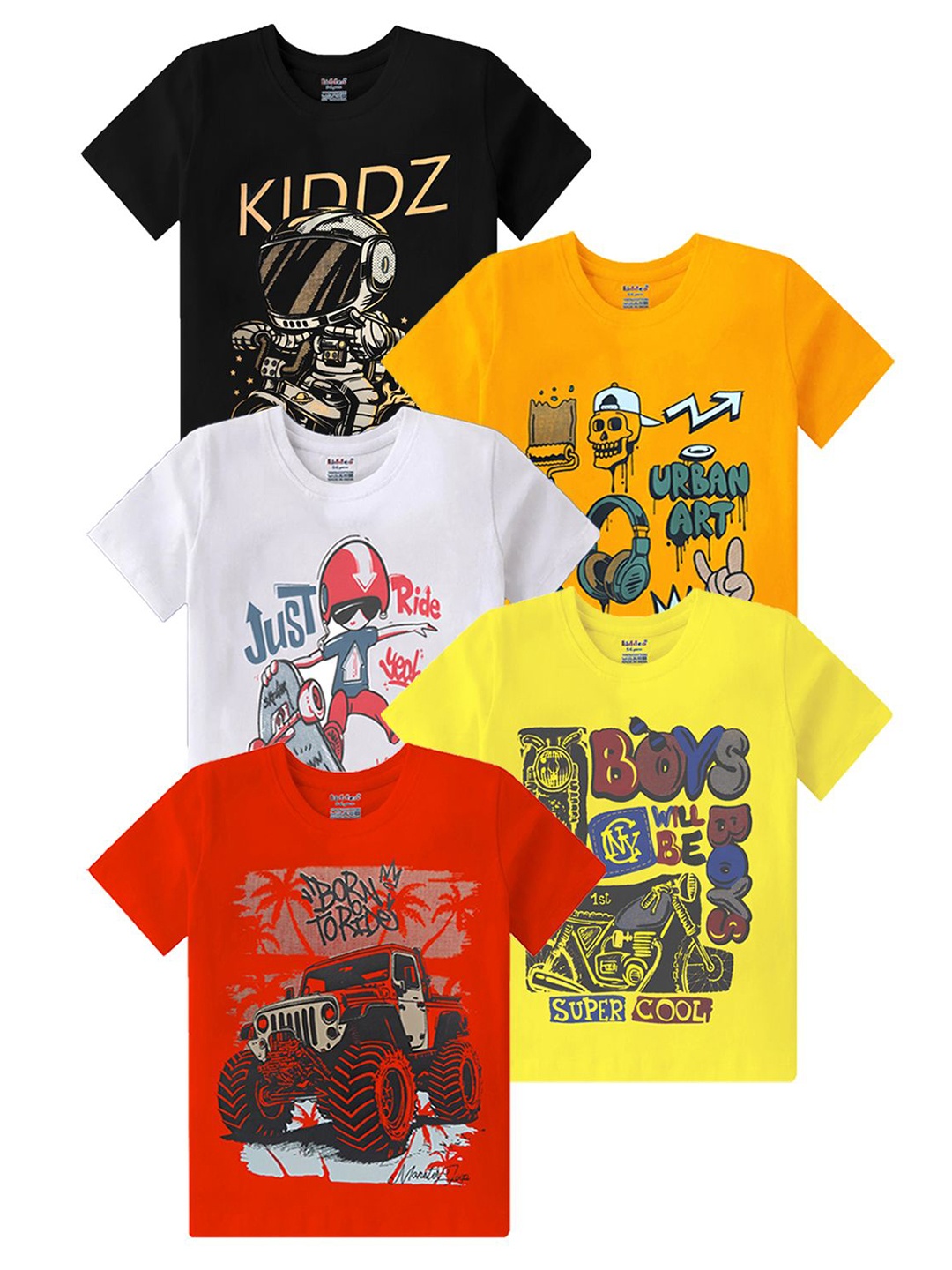 

Kiddeo Boys Pack Of 5 Graphic Printed Round Neck Cotton T-shirts, Red