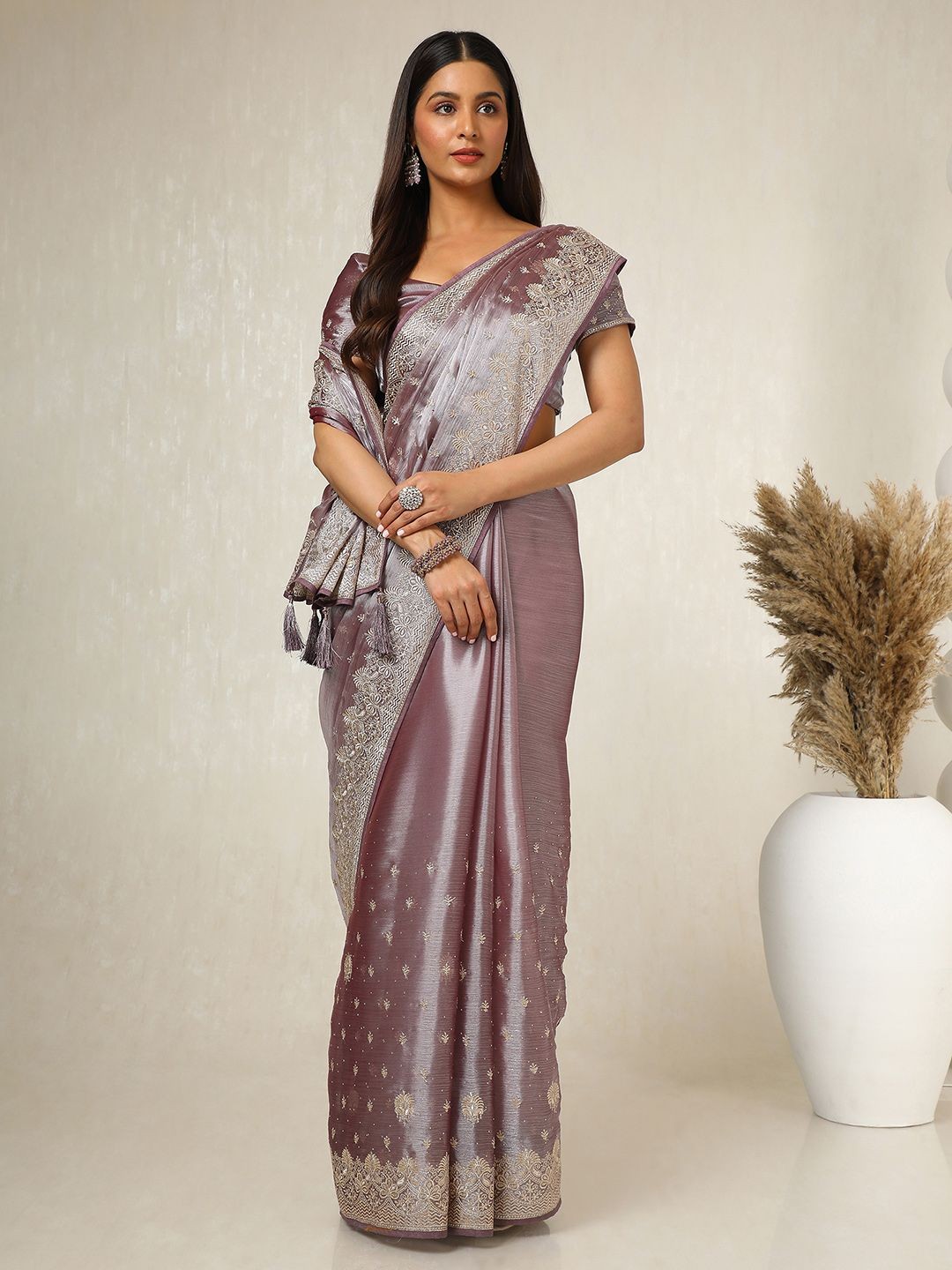 

Soch Floral Embroidered Organza Saree With Blouse Piece, Purple