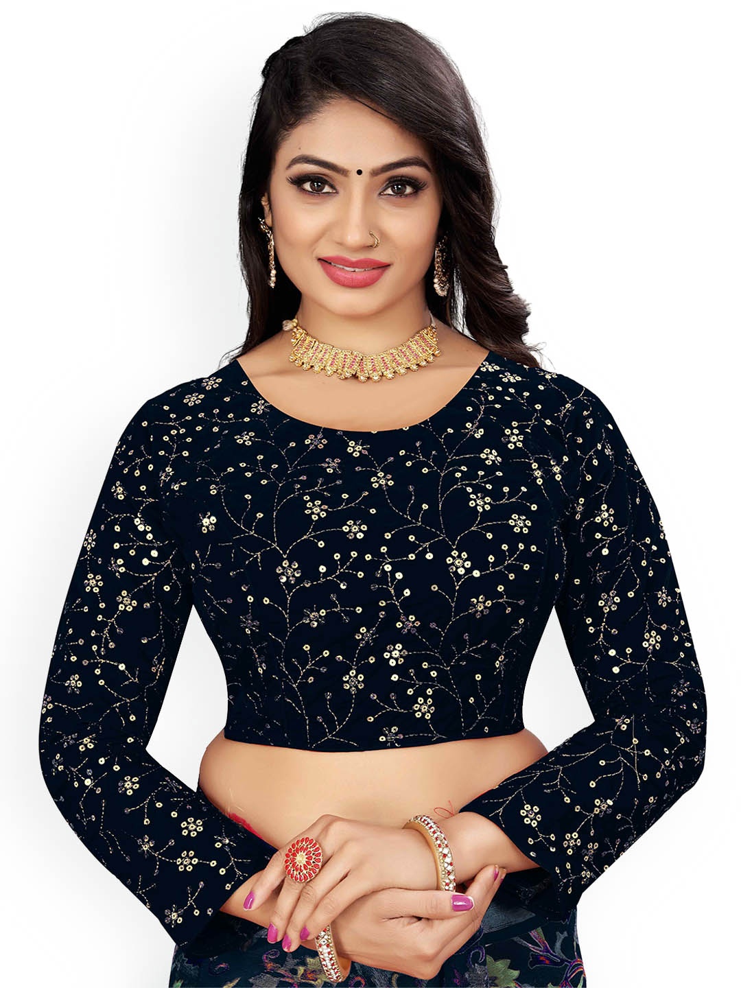 

HERE&NOW Princess Cut Long Sleeve Embroidered Work Saree Blouse, Navy blue