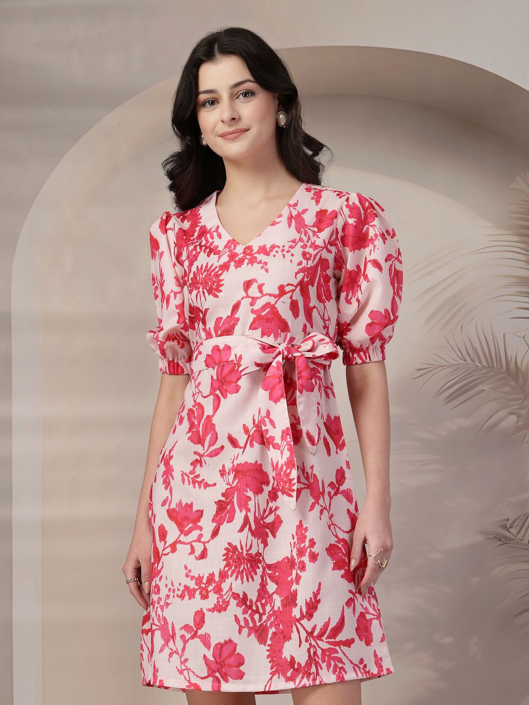 

Style Quotient Floral Print Puff Sleeve A-Line Dress, Fuchsia