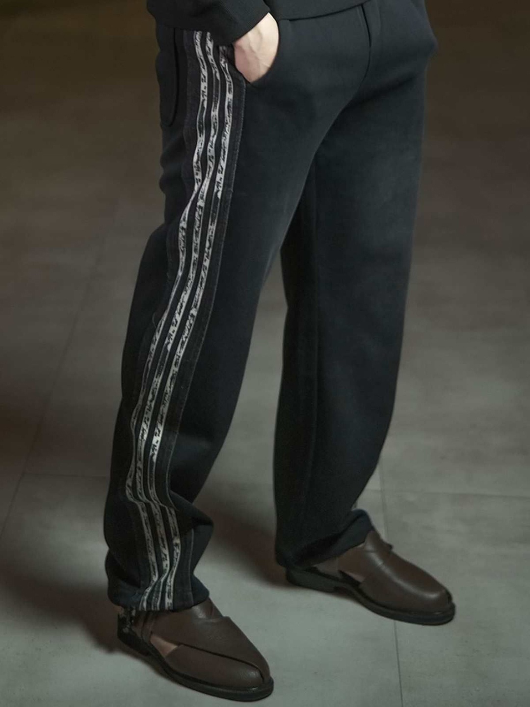 

ODETTE Black Cotton Blend Striped Track Pant For Men