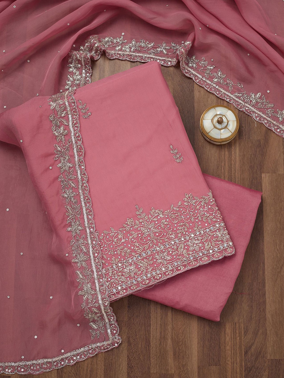 

Koskii Floral Embellished Beads and Stones Unstitched Dress Material, Pink