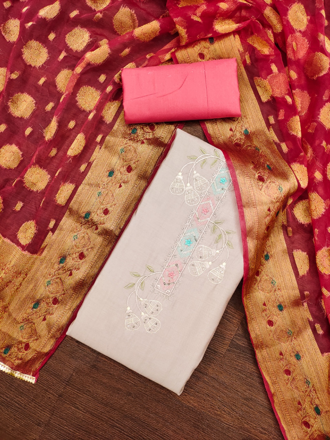

ASISA Ethnic Motifs Sequined Embellished Unstitched Dress Material, Beige