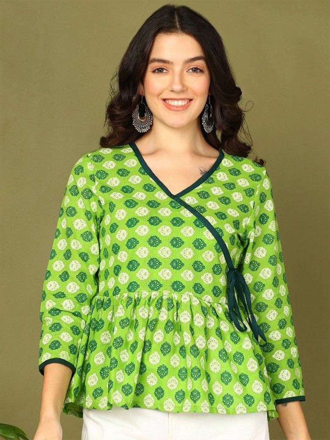 

DressBerry Women Printed Wrap Cotton Top, Green