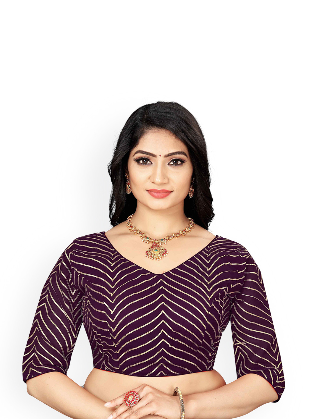 

HERE&NOW Embroidered Gotta Patti V-Neck Saree Blouse, Purple