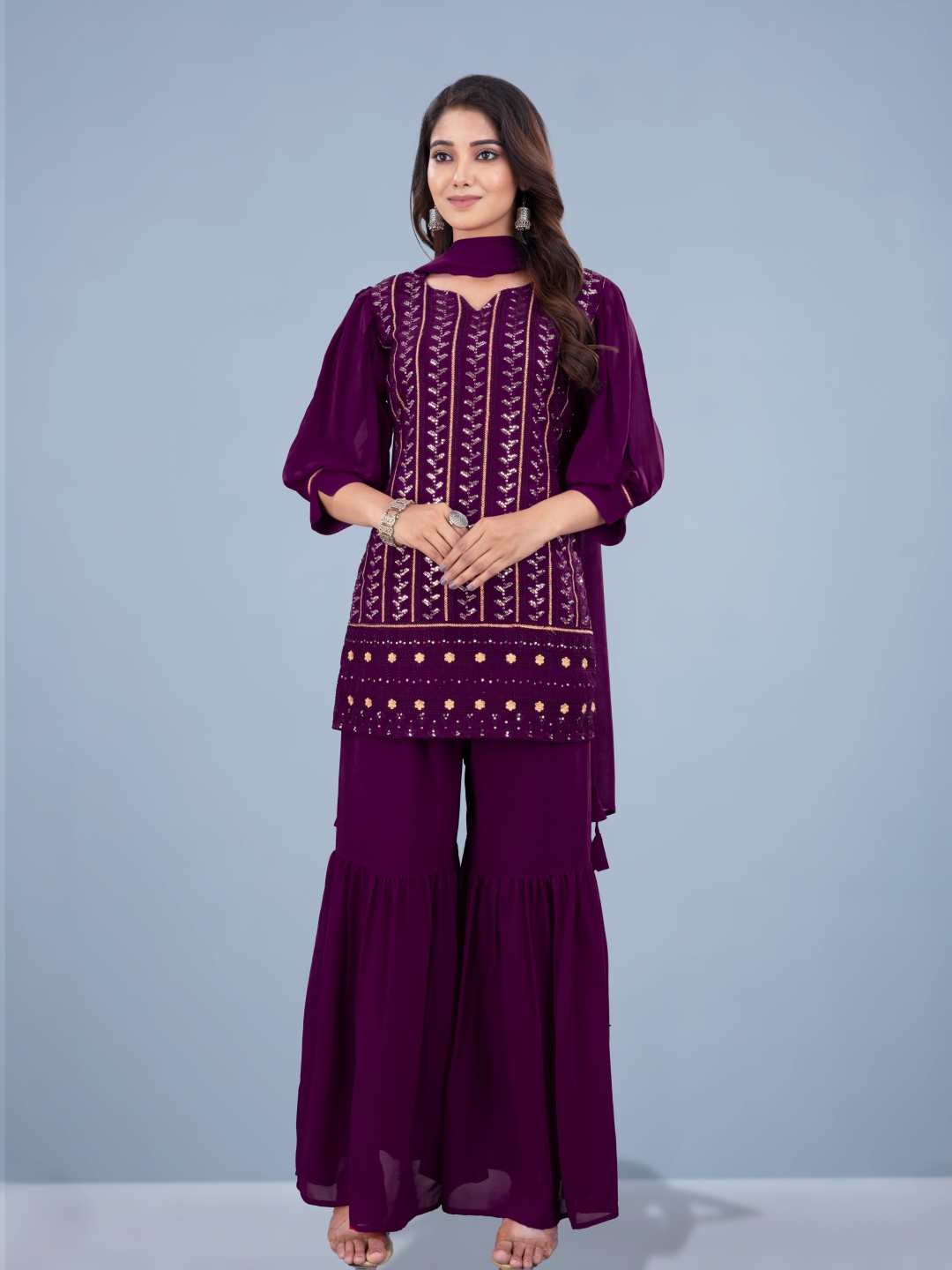 

SANCIA Notch-Neck Embroidered Sequinned Georgette Straight Kurti With Sharara And Dupatta, Purple