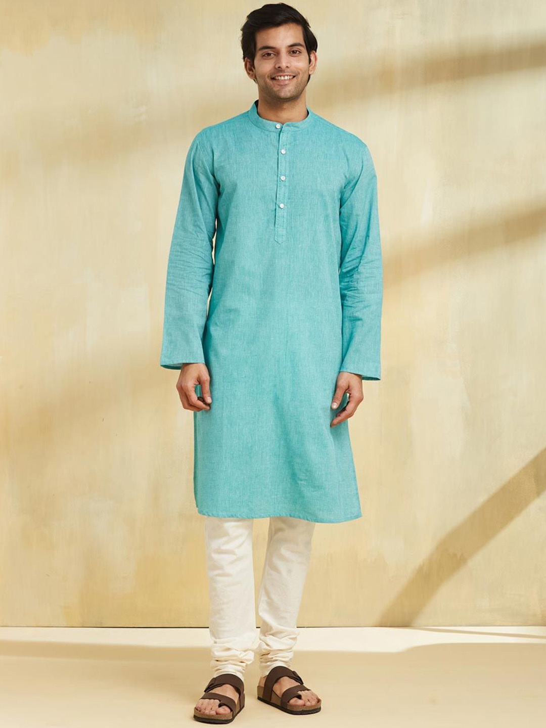 

Fabindia Woven Design Band Collar Cotton Straight Kurta, Teal