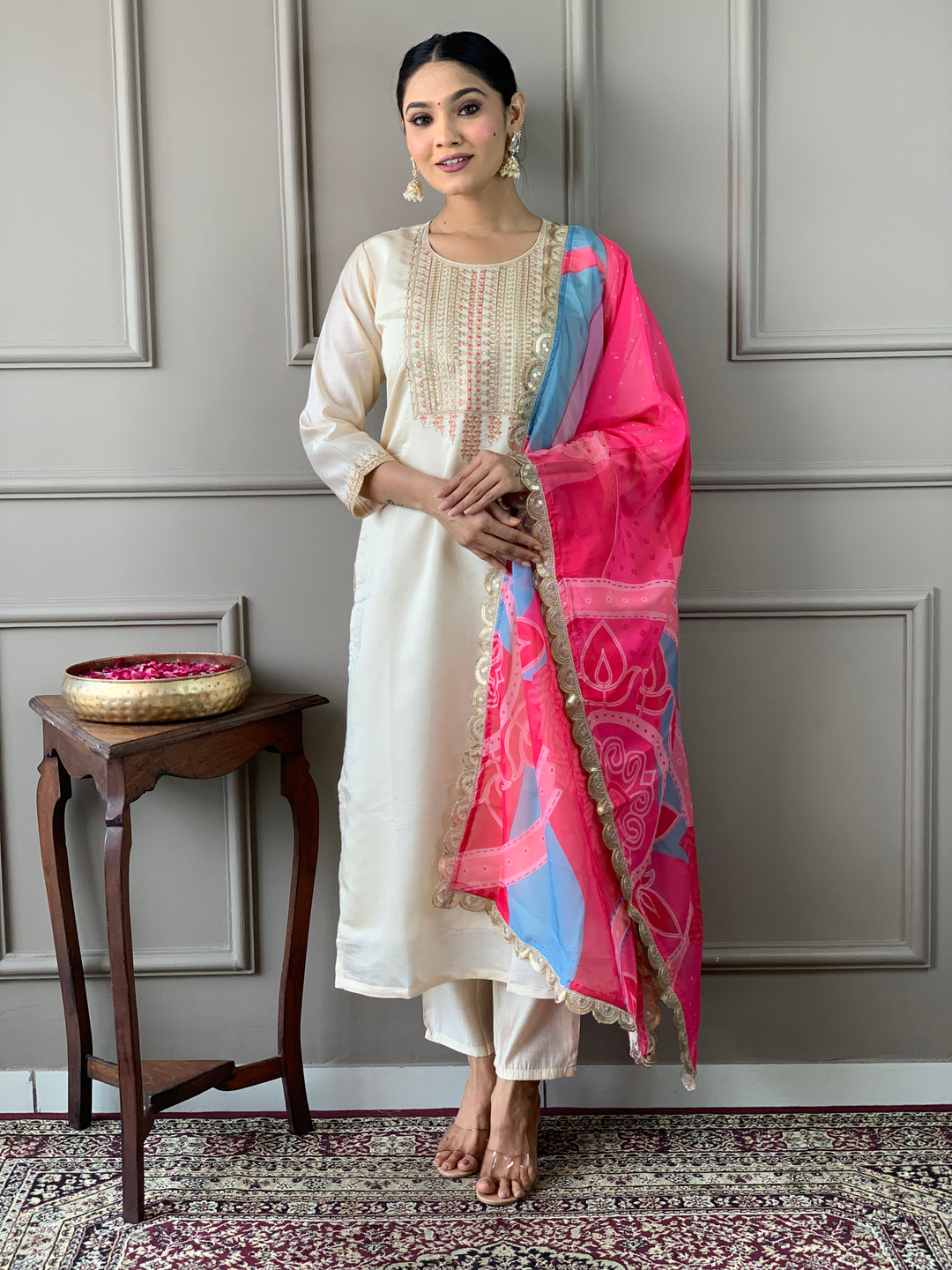 

Fashion Ritmo Floral Embroidered Round Neck Straight Kurta with Trouser And Dupatta, Pink