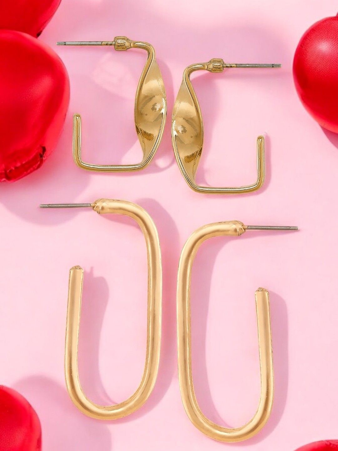 

OOMPH Set of 2 Geometric Shaped Hoop Earrings, Gold