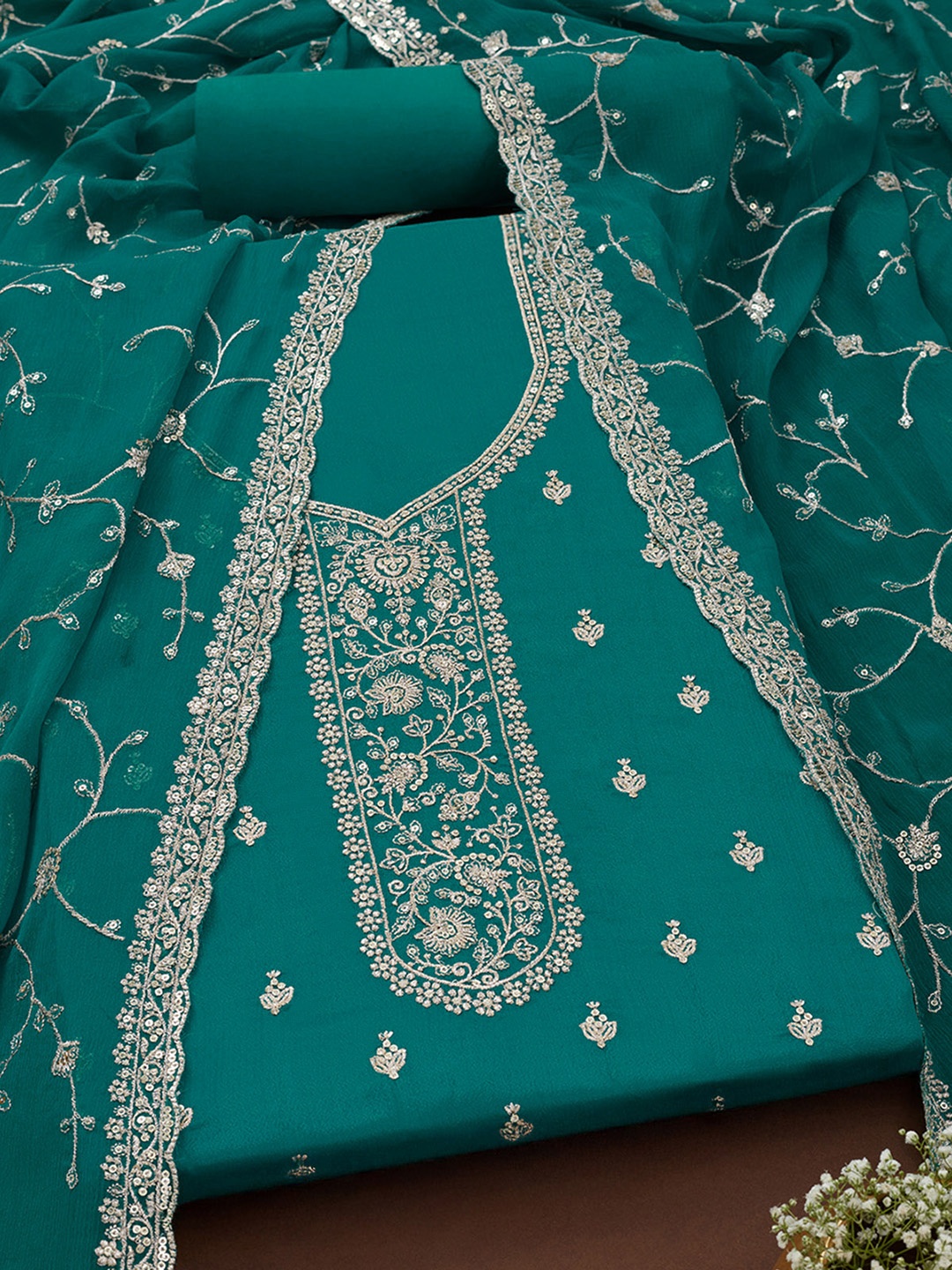 

Soch Floral Embroidered Sequinned Unstitched Dress Material, Teal