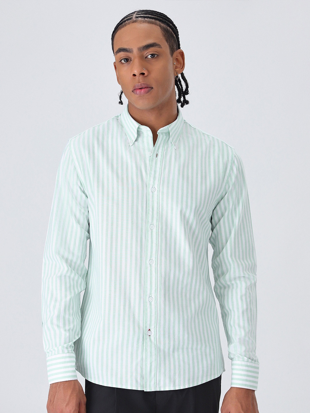 

Banana Club Men Classic Slim Fit Opaque Striped Formal Shirt, Green