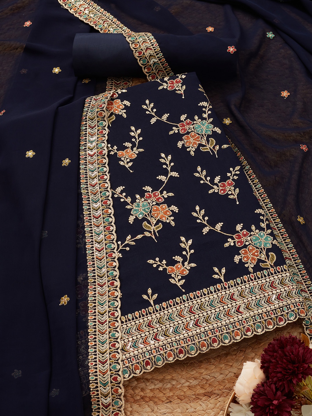 

Soch Floral Embroidered Georgette Sequinned Unstitched Dress Material, Navy blue