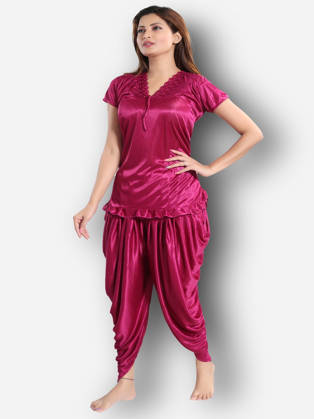 

Dreambe Women Top And Dhoti Satin Night suit, Magenta