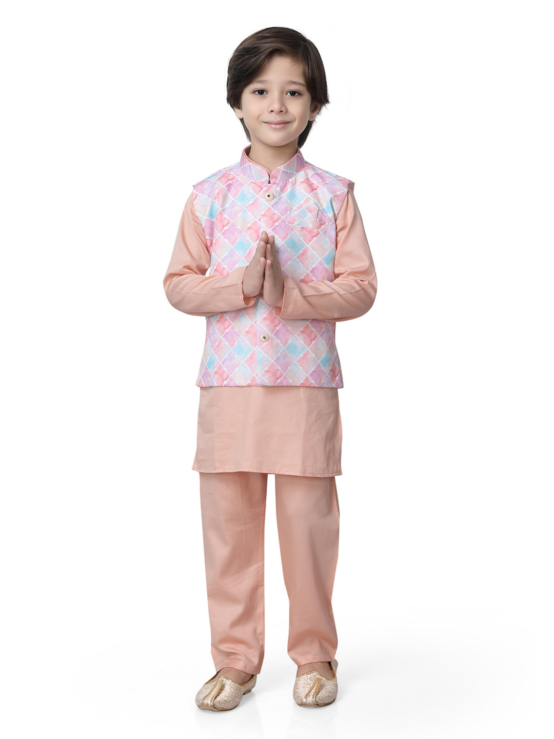 

earth conscious Boys Organic Cotton Straight Kurta With Pyjamas & Nehru Jackett, Coral