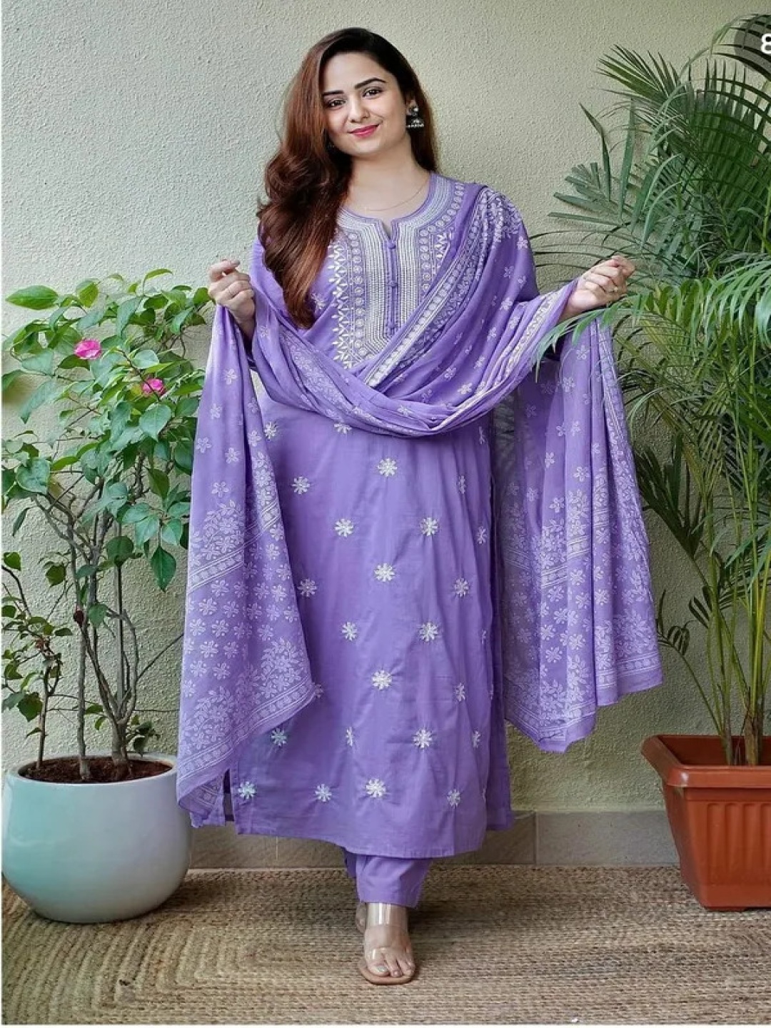 

KALINI Floral Embroidered Straight Thread Work Pure Cotton Kurta With Trousers And Dupatta, Lavender