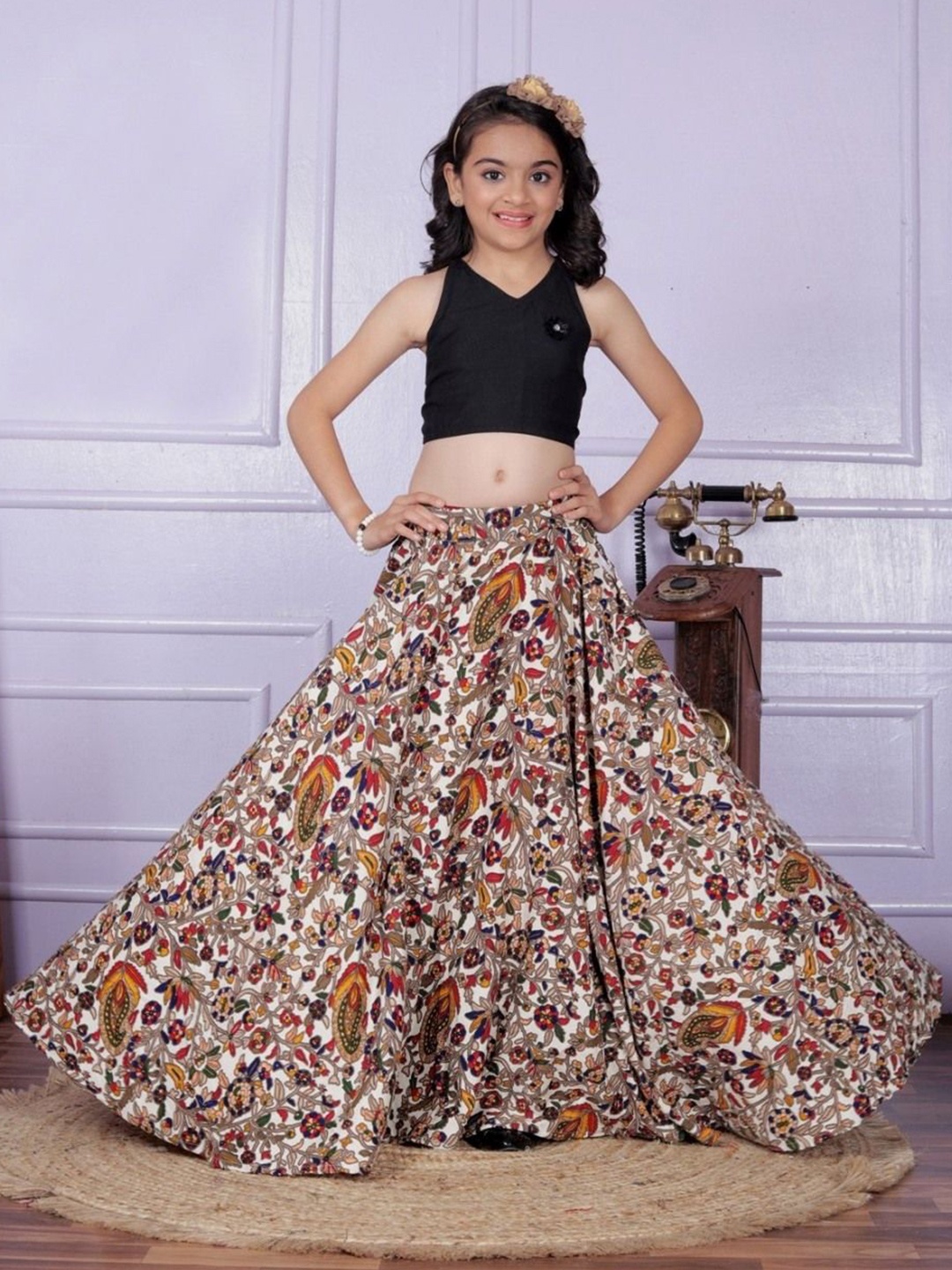 

Anneca Girls Ready To Wear Crop Top With Lehenga & Little Brooch, Beige