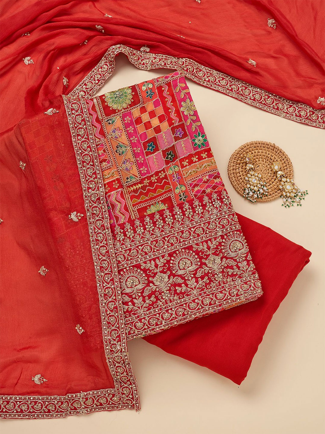 

Koskii Floral Embroidered Zariwork Tissue Unstitched Dress Material, Pink