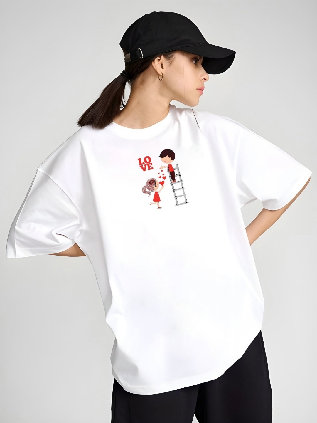 

SZN Women Graphic Printed Round Neck Cotton Oversized T-shirt, White