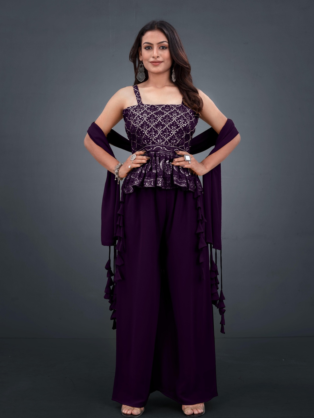 

SANCIA Shoulder Straps Embroidered Georgette Ethnic Tunic With Palazzos & Dupatta, Purple