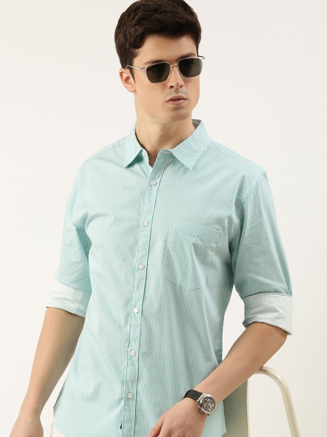 

Metronaut Men Spread Collar Vertical Striped Cotton Casual Shirt, Sea green