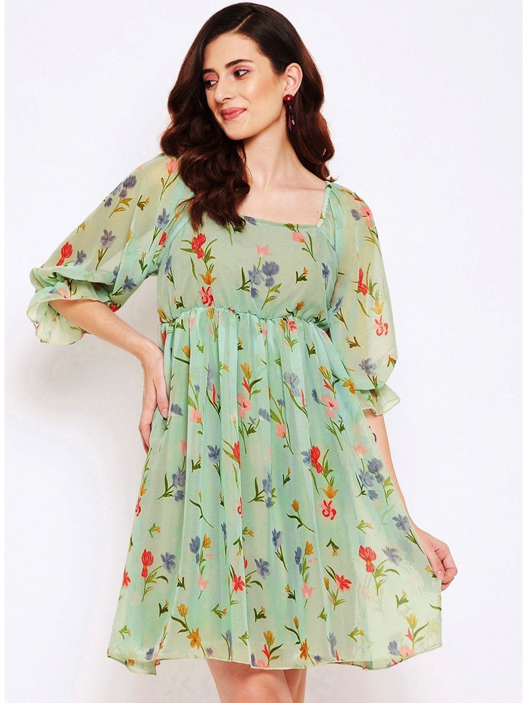 

Louis Bayrad Floral Print Puff Sleeve Georgette Fit & Flare Dress, Green