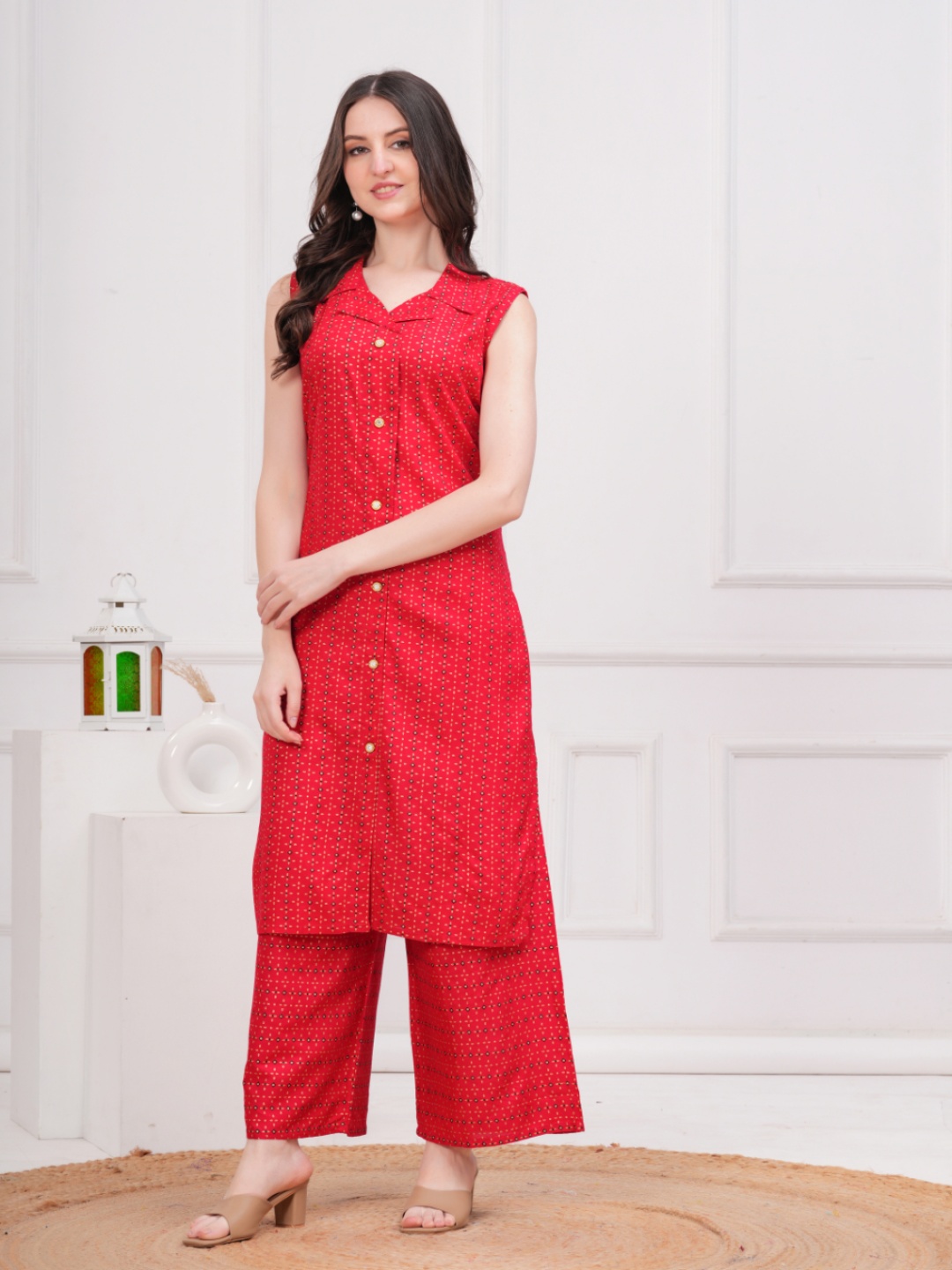 

JC4U Ethnic Motifs Printed Straight Kurta With Palazzo, Red