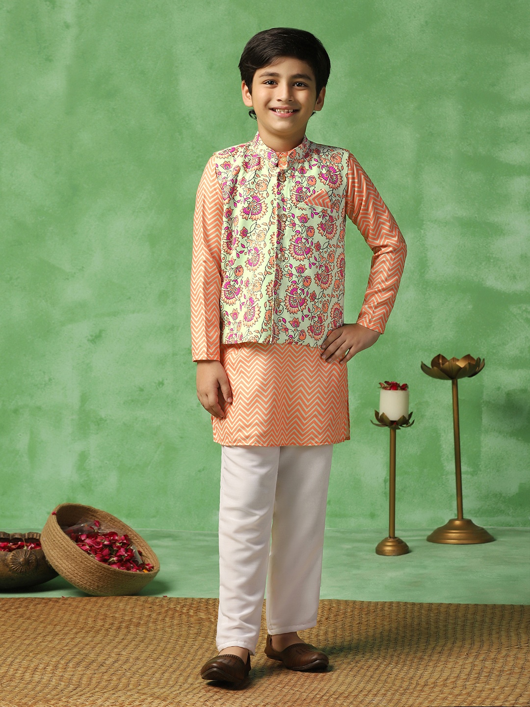 

Sangria Boys Orange Chevron Printed Cotton Blend Straight Kurta With Trousers And jacket