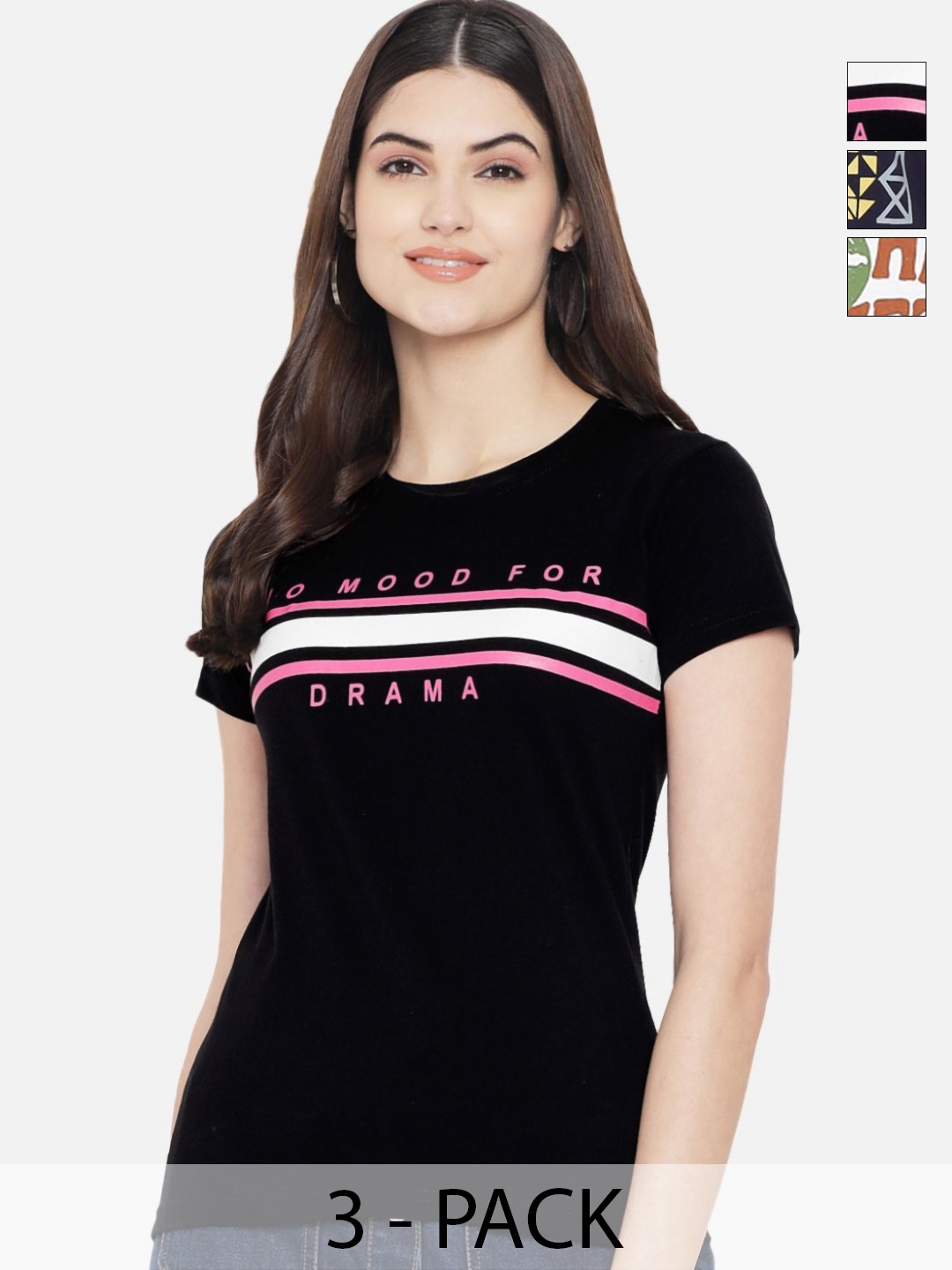 

Dreambe Women Pack Of 3 Graphic Printed Round Neck Cotton T-shirts, Black