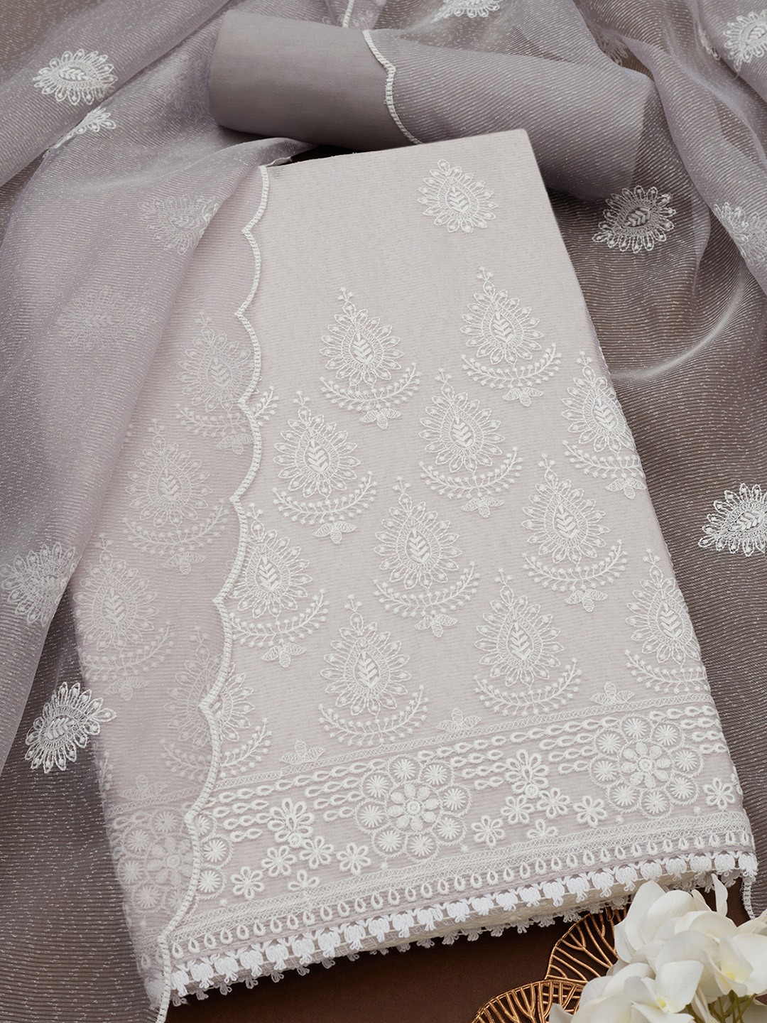

Soch Floral Embroidered Thread Work Unstitched Dress Material, Grey