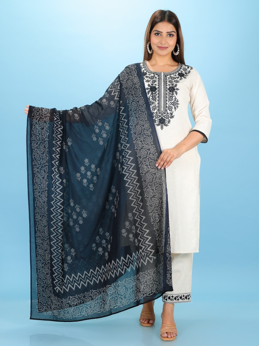 

Aramya Floral Embroidered Thread Work Linen Straight Kurta With Trousers & Dupatta, Off white
