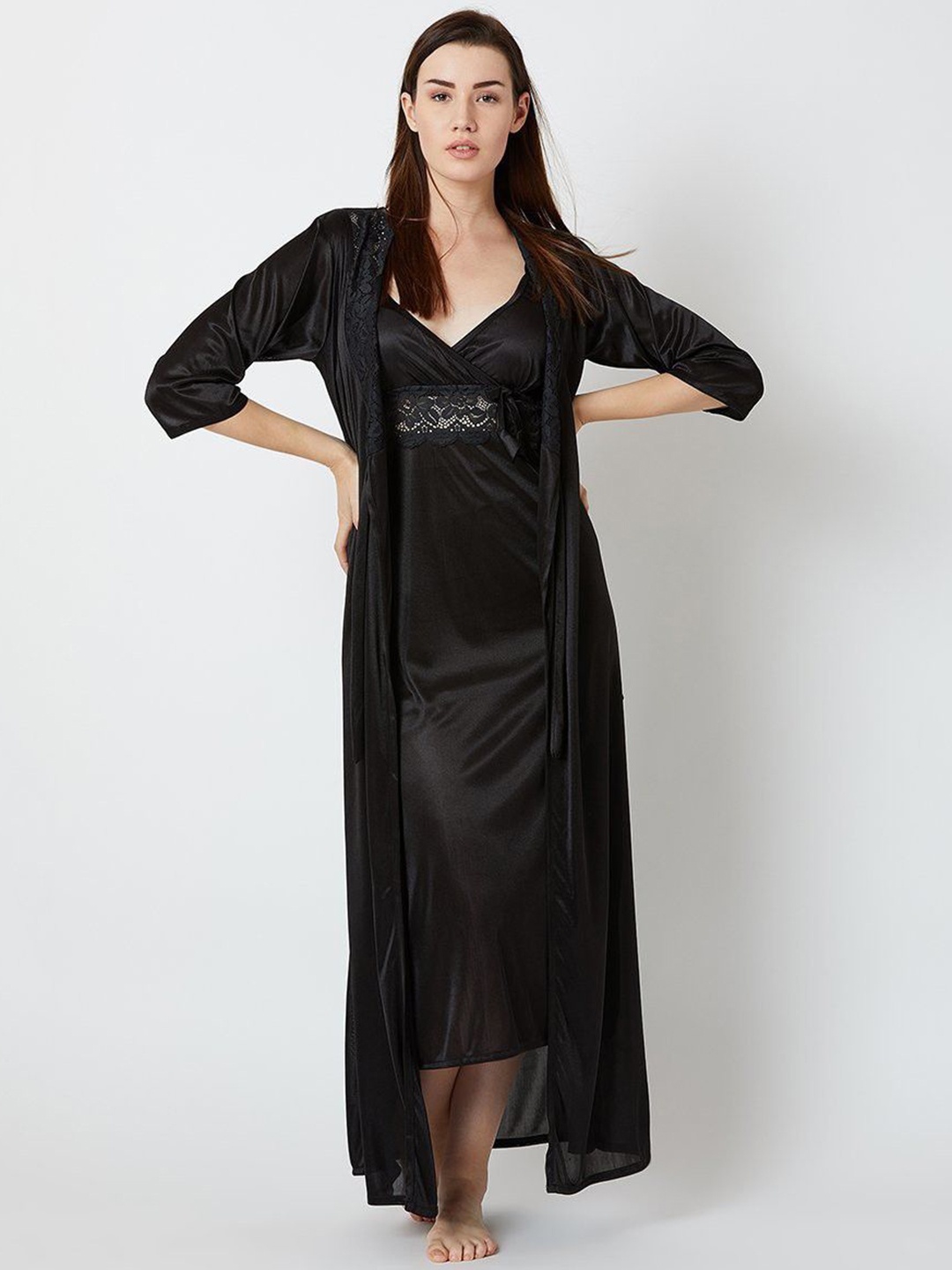 

XPIOX Women Maxi Satin Nightdress With Robe, Black