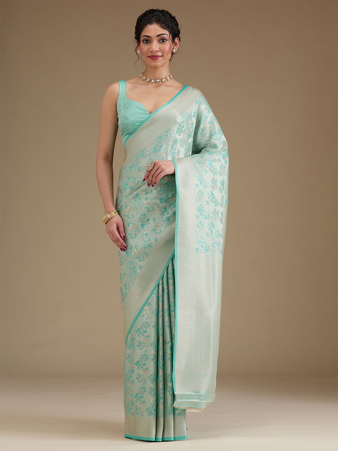 

Koskii Turquoise Blue Zariwork Satin Saree