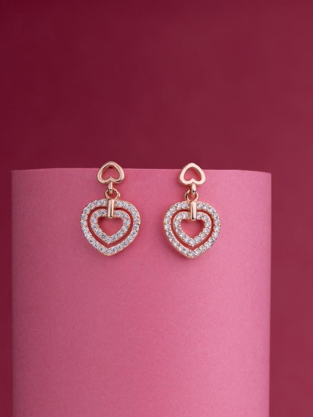 

LIORA 925 Silver Jewellery Rose Gold-Plated CZ Studded Heart Shaped Drop Earrings