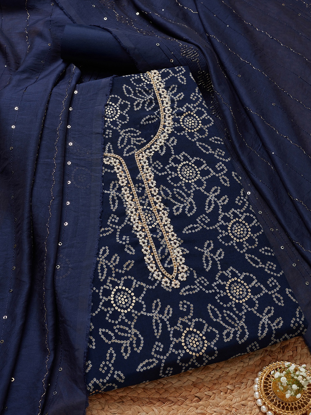 

Soch Bandhani Printed Beads And Stones Unstitched Dress Material, Navy blue
