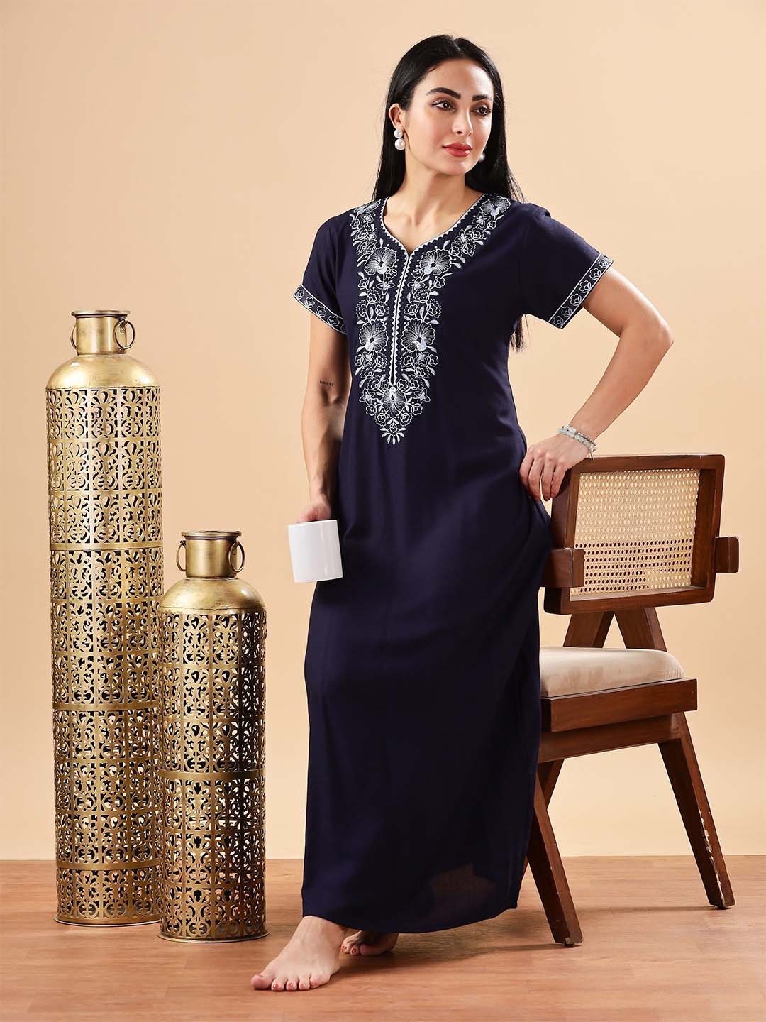 

9shines Label Women Embroidered Maxi Nightdress, Blue