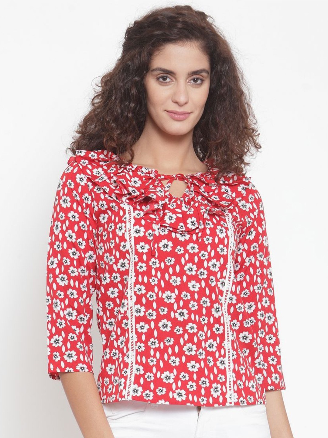 

Moda Rapido Floral Print Tie-Up Neck Top, Red