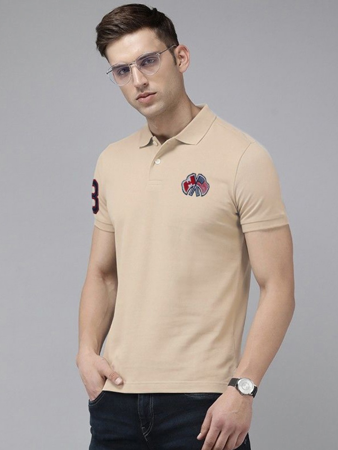 

MERRIMENT Men Solid Polo Collar Cotton T-shirt, Beige