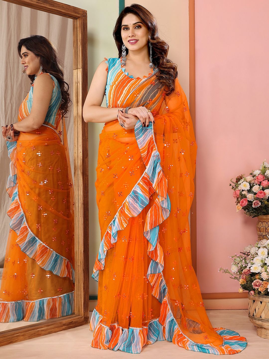 

LeeliPeeri Designer Embellished Mirror Work Net Saree, Orange