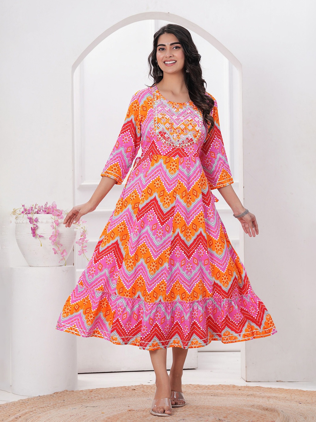 

VASUPRADA Women Bandhni Printed Tiered Embroidered Anarkali A-line Kurta, Pink