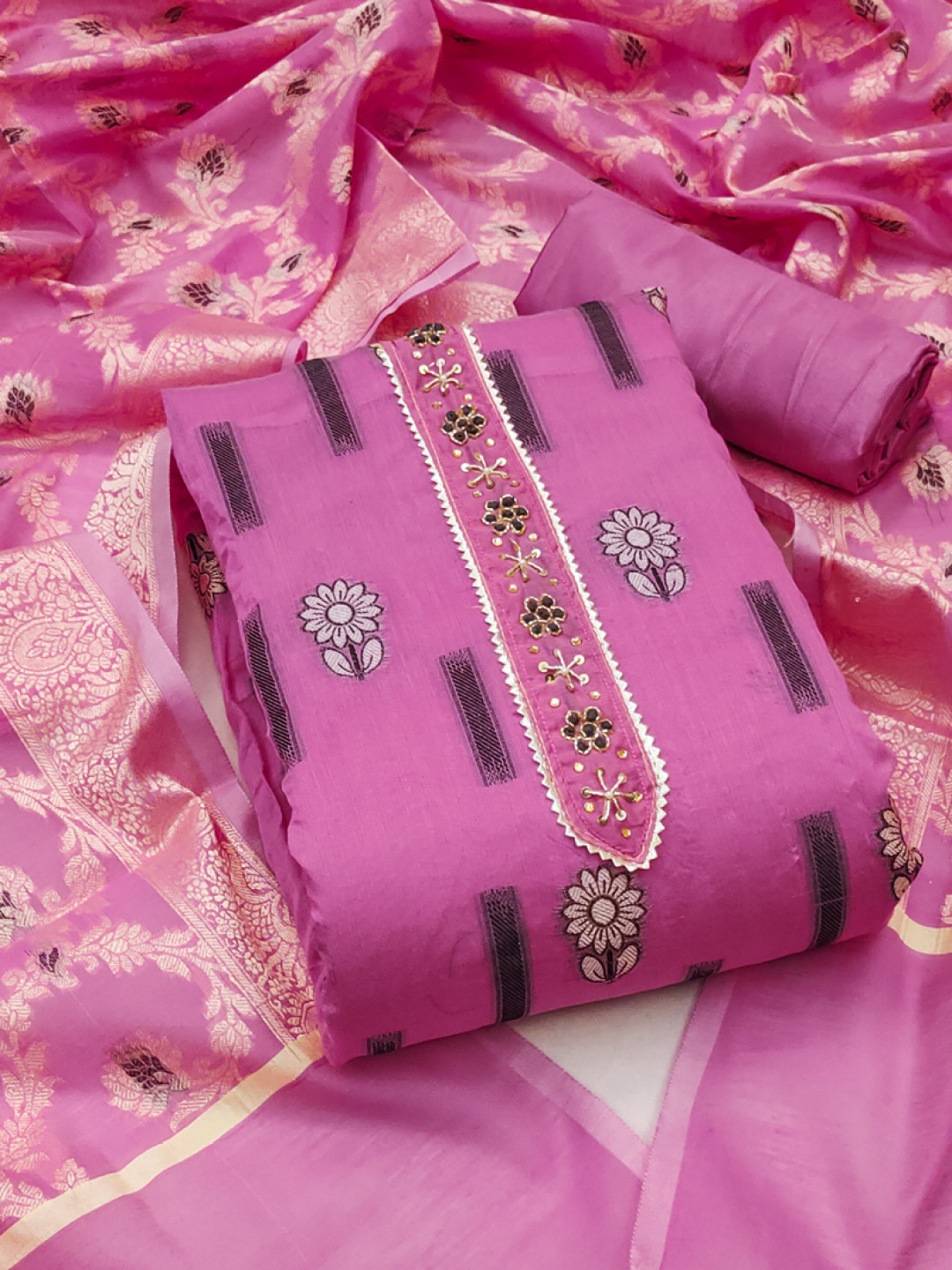 

ASISA Floral Printed Beads And Stones Unstitched Dress Material, Pink