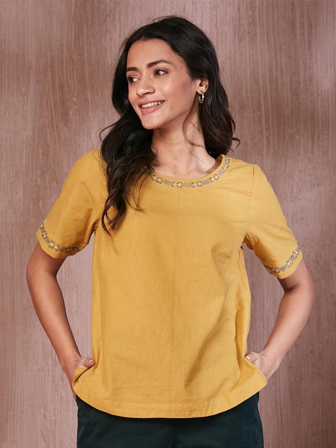 

Fabindia Embroidered Round Neck Cotton Top, Yellow