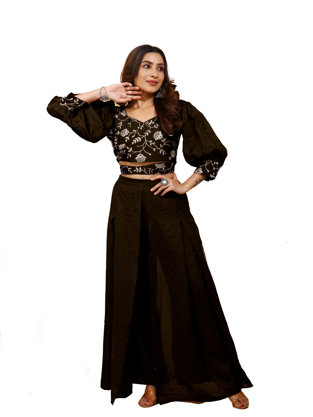 

SANCIA Floral Embroidered Sweetheart Neck Top With Palazzo & Dupatta, Brown