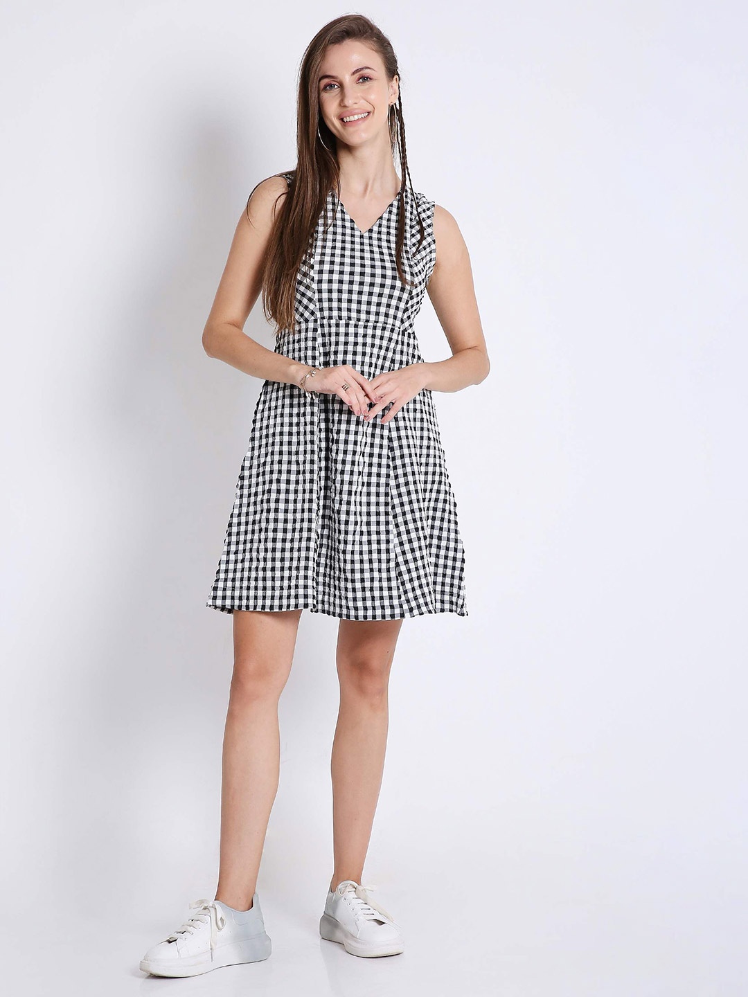

French Theory Women V-Neck Checked Fit & Flare Dress, Black
