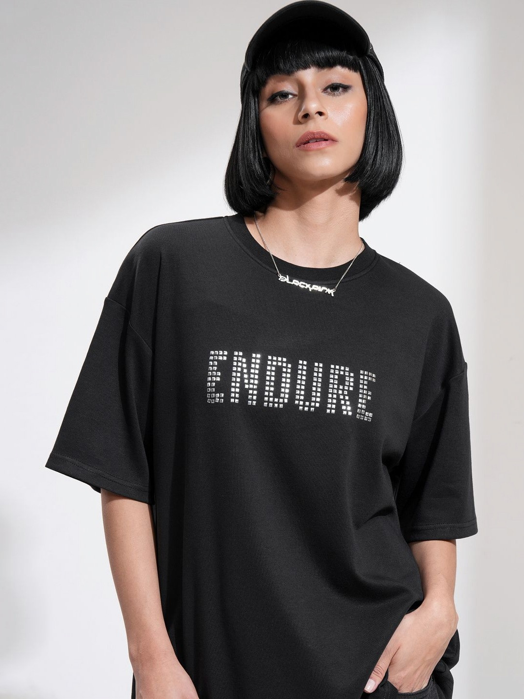 

Street By Tokyo Talkies Women Solid Oversized Front Embellished T-Shirt, Black