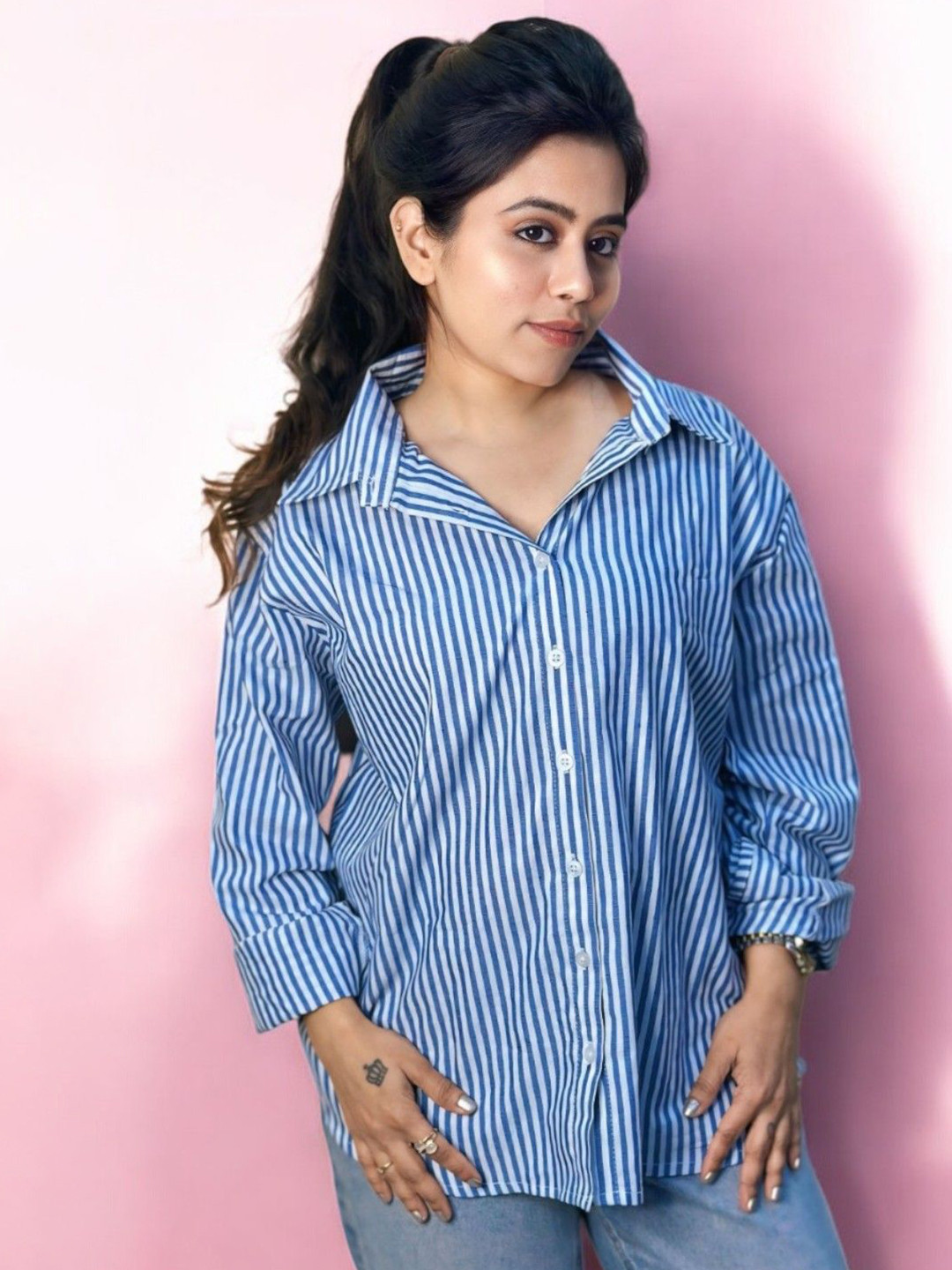 

HOW House Of Wear Women Striped Spread Collar Cotton Relaxed Fit Longline Shirt, Blue