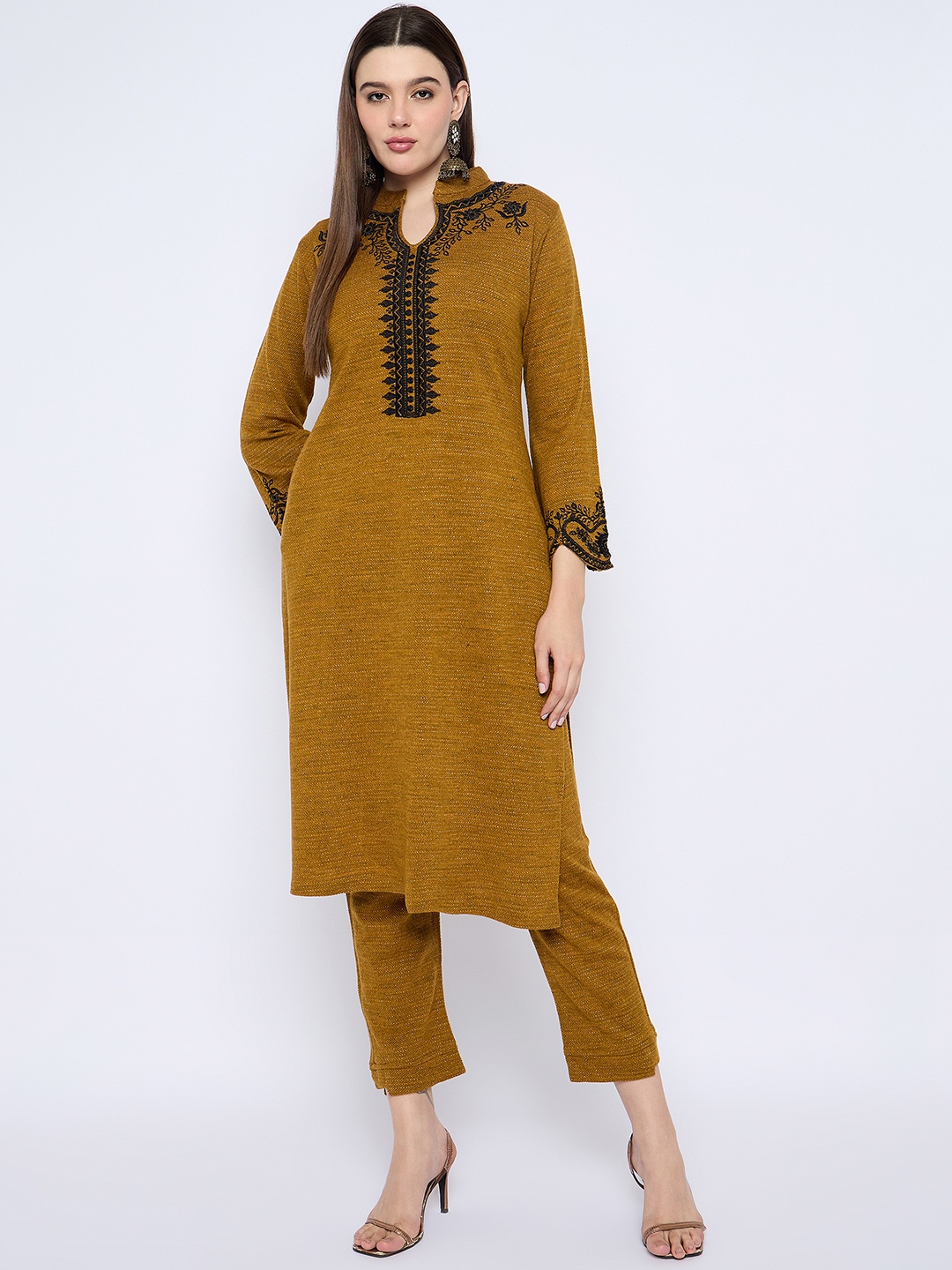 

Zigo Women Embroidered Regular Kurta with Trousers, Mustard