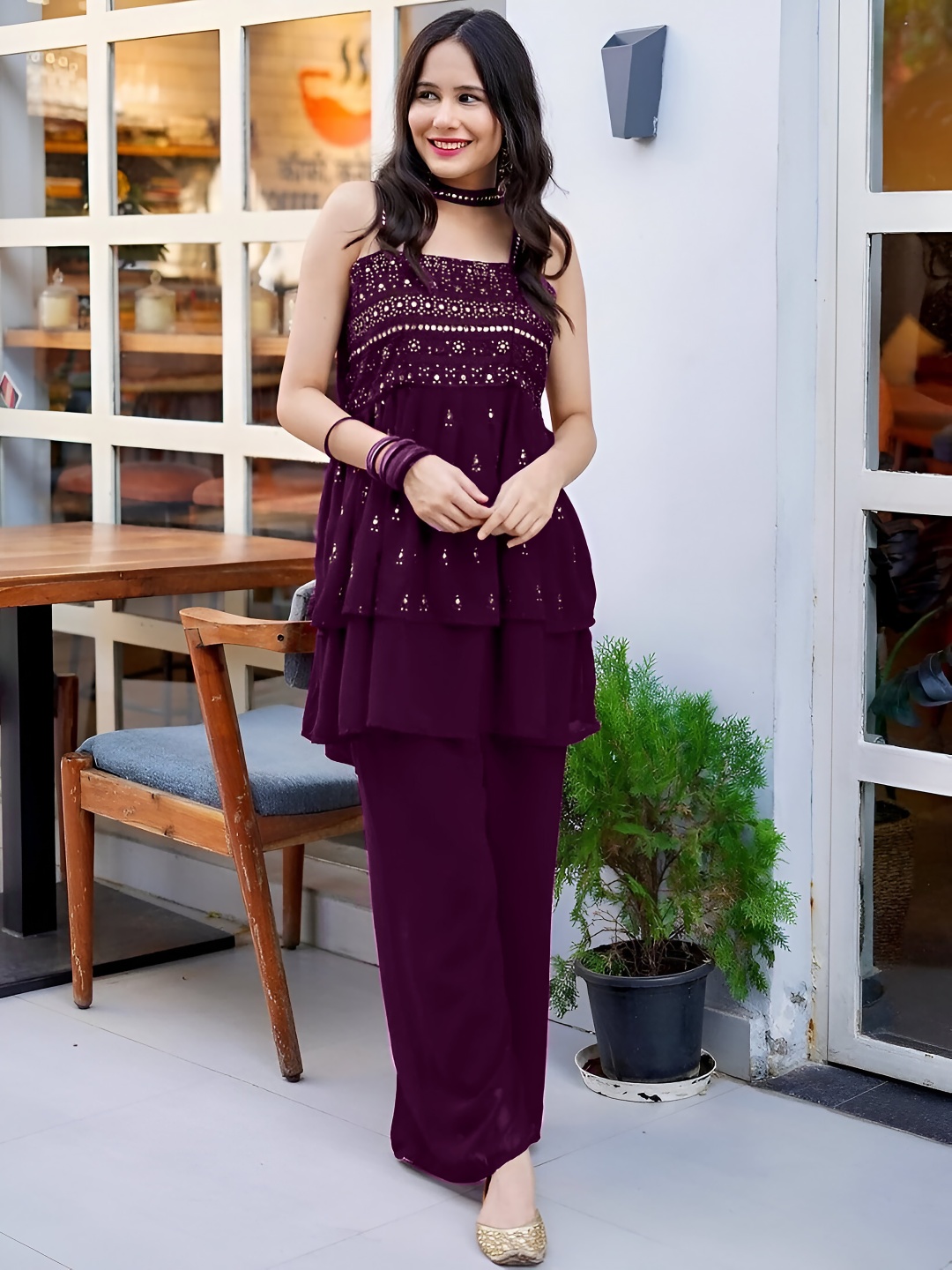 

SANCIA Floral Embroidered Sequinned A-Line Kurta With Palazzos And Dupatta, Purple